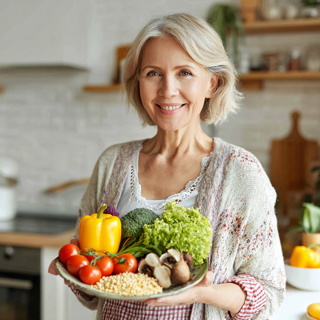 Smiling middle-aged Ukrainian woman holding a colorful plate of fresh vegetables and grains in a bright kitchen