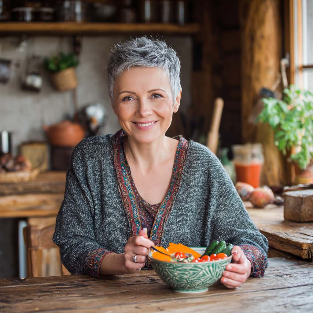 Elderly Ukrainian man with a gentle smile arranging a balanced meal with vegetables, lean protein and whole grains on a wooden table