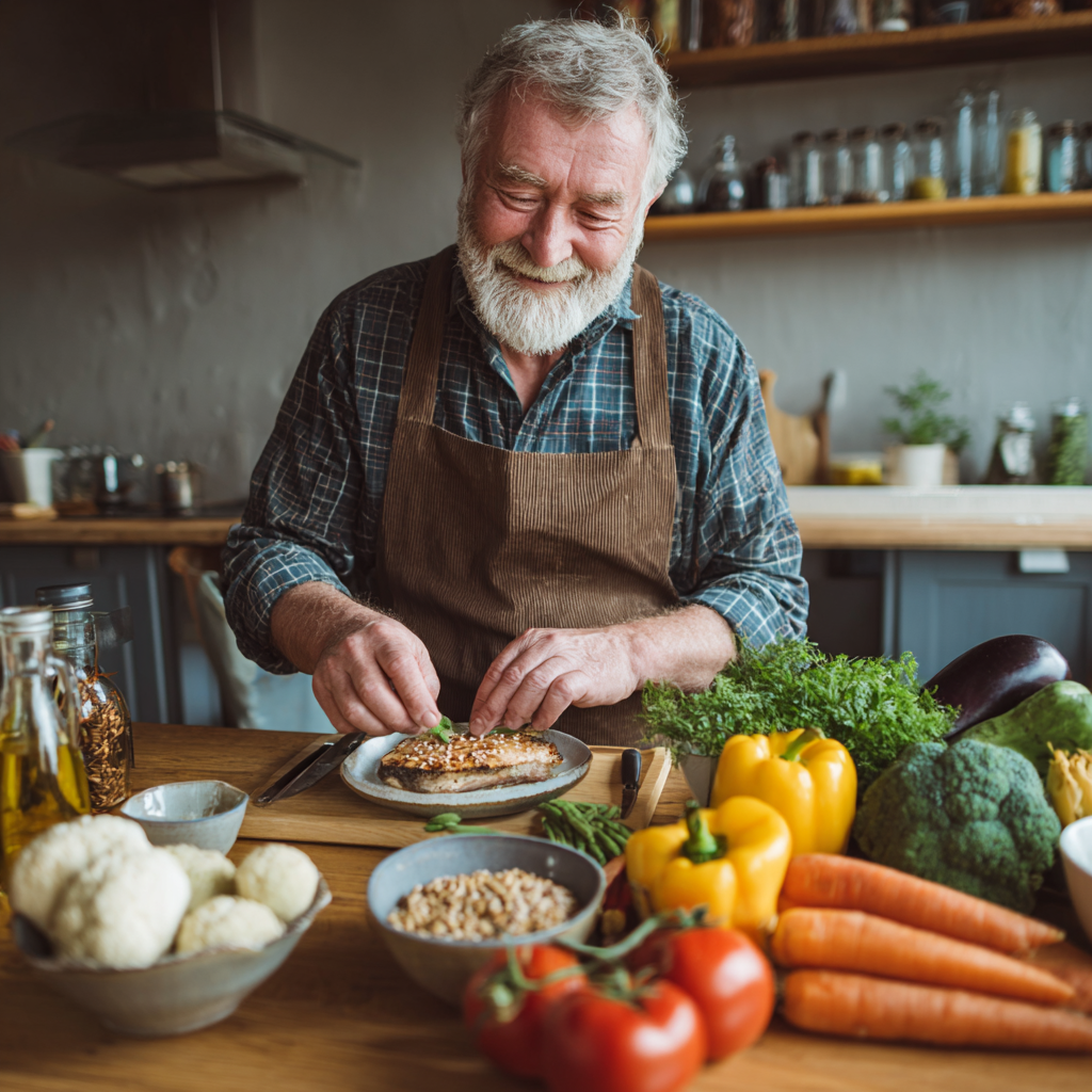 Group of three Ukrainian adults of different ages sharing a healthy meal together at a rustic wooden table, natural lighting, warm atmosphere